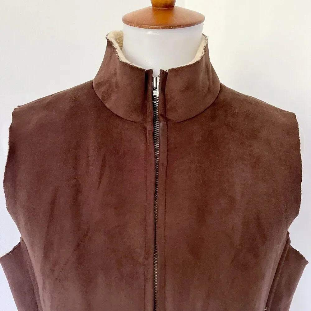 Sherpa Lined Lands End Zip Up Faux Suede Warm Vest Size M/P Medium Petite Brown